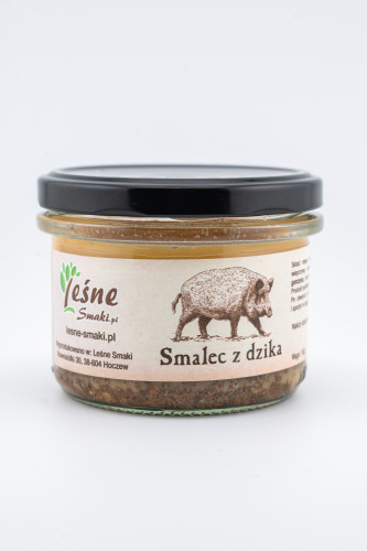 Słoik 235ml oklejony etykietą Leśnych Smaków ukazującą rzemieślniczy wyrób o nazwie smalec z dzika.