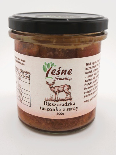 Słoik 350ml z etykietą Leśnych Smaków informującą o zawartości produktu. Jest to bieszczadzka tuszonka z sarny.