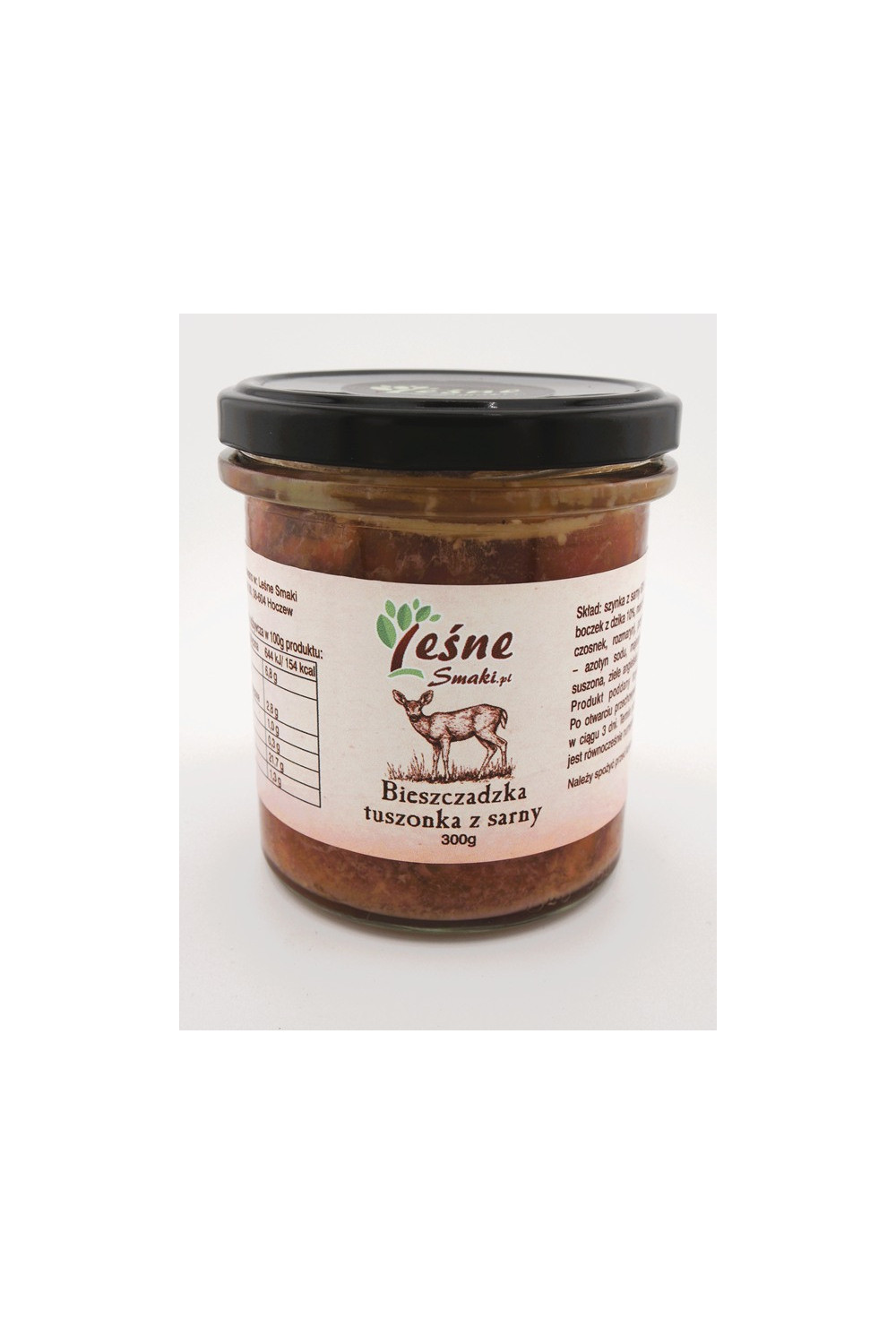 Słoik 350ml z etykietą Leśnych Smaków informującą o zawartości produktu. Jest to bieszczadzka tuszonka z sarny.