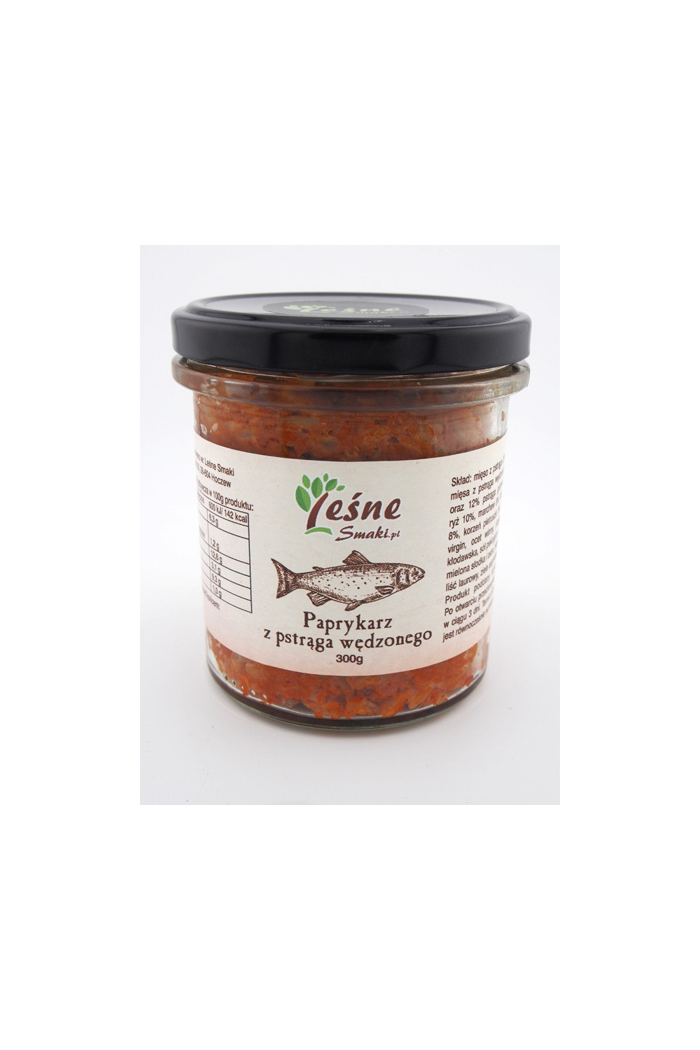 Słoik z etykietą Leśnych Smaków dla paprykarzu z pstrąga wędzonego.